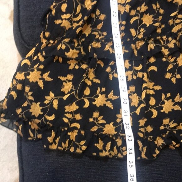 Black & Gold Floral Long Puffed Sleeve Dress Elastic Waist Layered Ruffle Hem-L - Picture 14 of 14